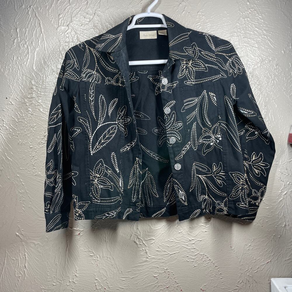 Studio Works Black Collar Floral Embroidered Cropped Jacket Womens‎ Petite Small
